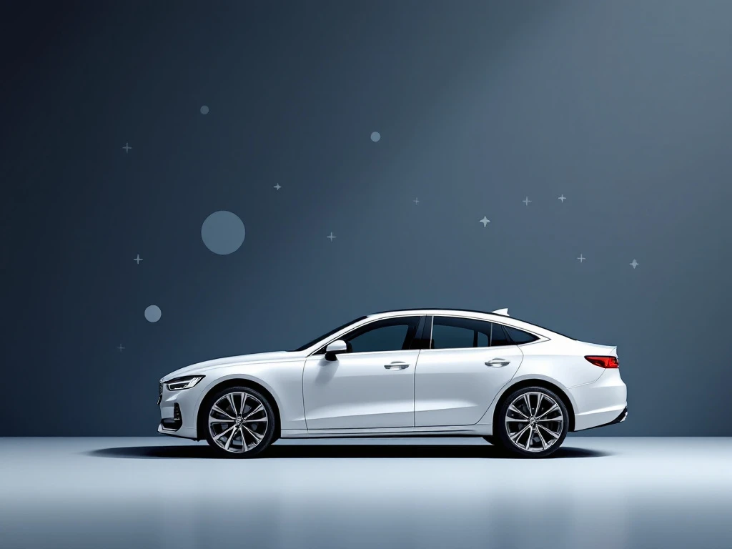 Witte zakenauto diagonaal geplaatst met geometrische vormen en pijlen op blauwe gradiënt achtergrond voor verzekeringsbranche