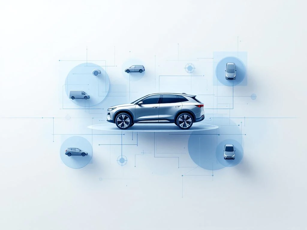 Moderne auto silhouet omringd door zwevende geometrische iconen van verschillende voertuigtypes in cirkel op witte achtergrond