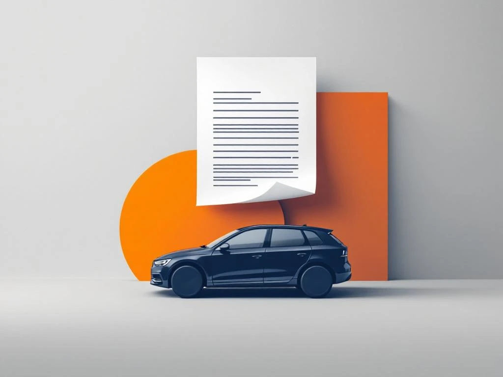 Wit contractdocument dat scheurt boven marineblauw autosilhouet met oranje accenten op lichtgrijze achtergrond