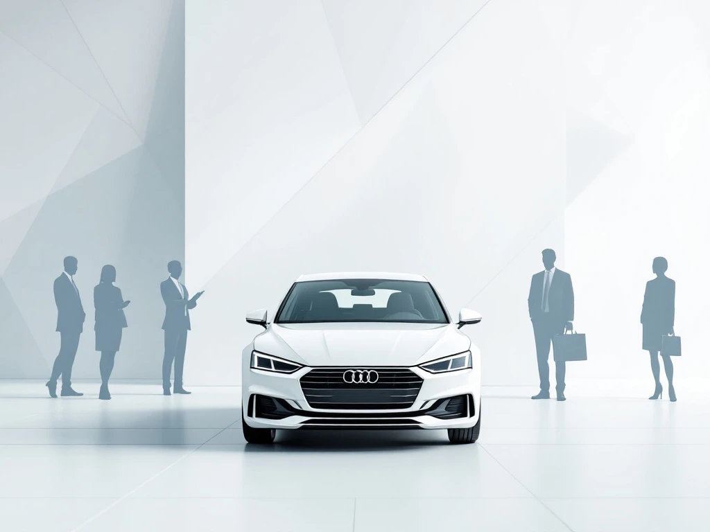 Witte huurauto omringd door zakelijke professionals in minimalistische geometrische compositie met grijze en blauwe accenten