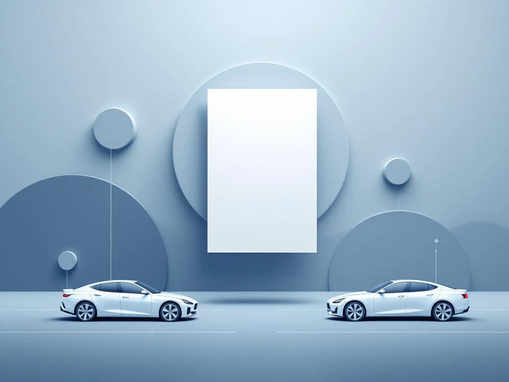 Witte factuur document omringd door geometrische auto silhouetten op professionele blauwe gradiënt achtergrond