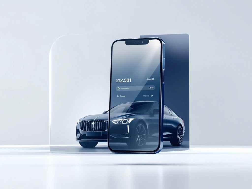 Smartphone met autoverhuur-app interface zwevend voor elegante luxe sedan in minimalistisch navy-wit design