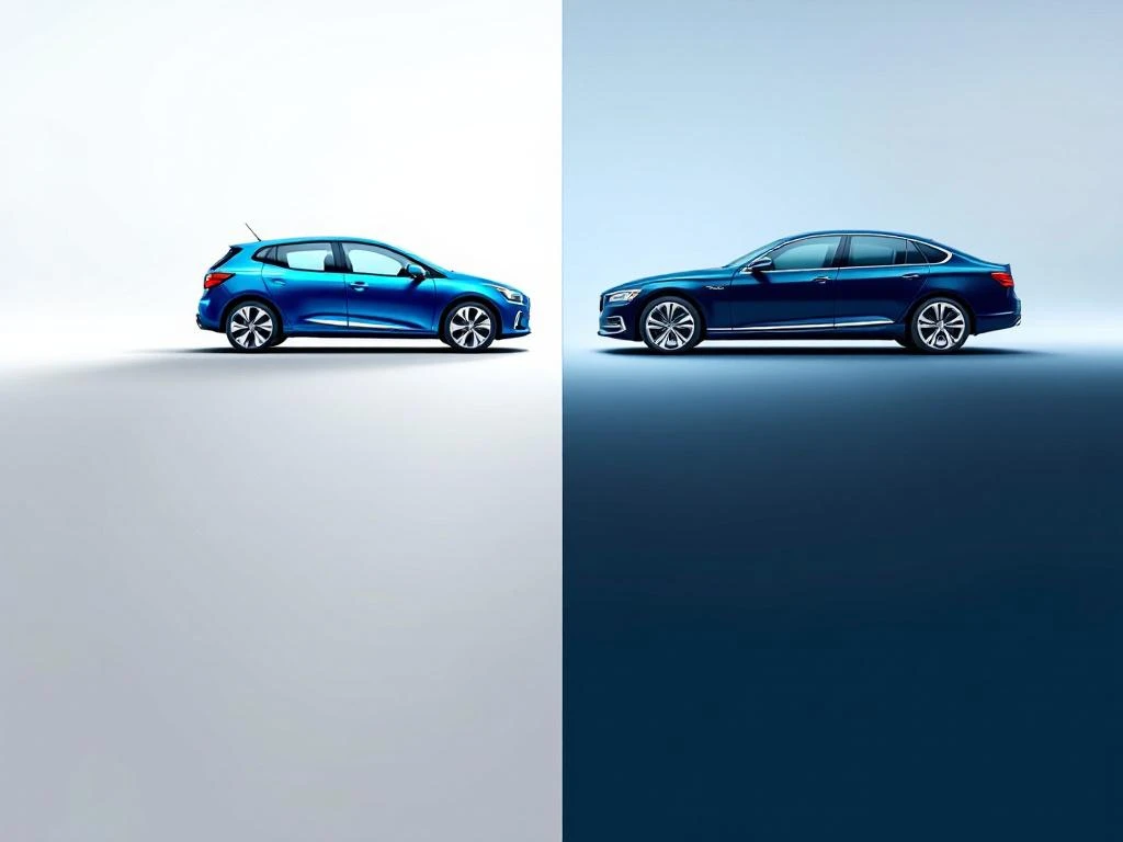 Twee auto silhouetten in split-screen: compacte blauwe stadsauto voor kortetermijn en donkerblauwe sedan voor langetermijnhuur