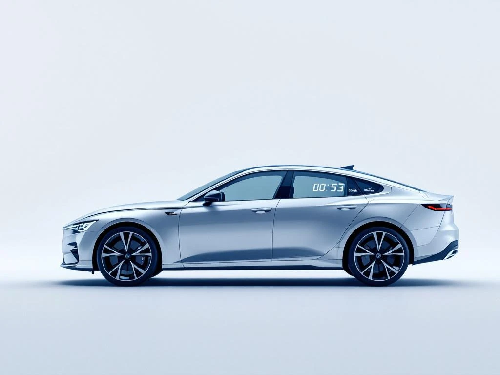 Moderne zakenauto in profiel met digitale kilometerstand en gestileerde odometer tegen witte achtergrond