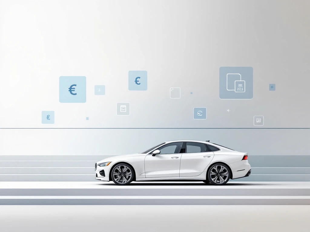 Witte zakenauto op geometrisch oppervlak omringd door zwevende vormen met kostenberekening iconen op grijze achtergrond