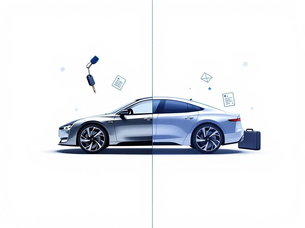 Auto met zwevende huurssleutels links en leasecontract met aktetas rechts, gescheiden door middenlijn op witte achtergrond