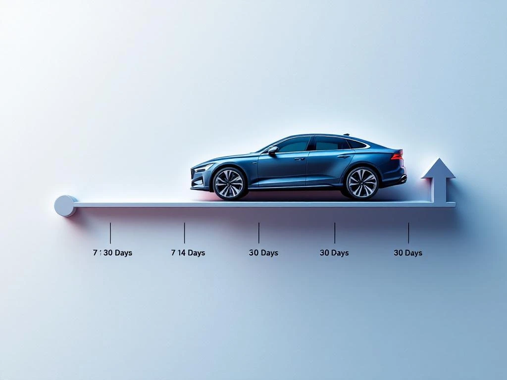 Auto silhouet op tijdlijn met 7, 14, 30 dagen markers en opwaartse pijl in blauwe en zilveren tinten