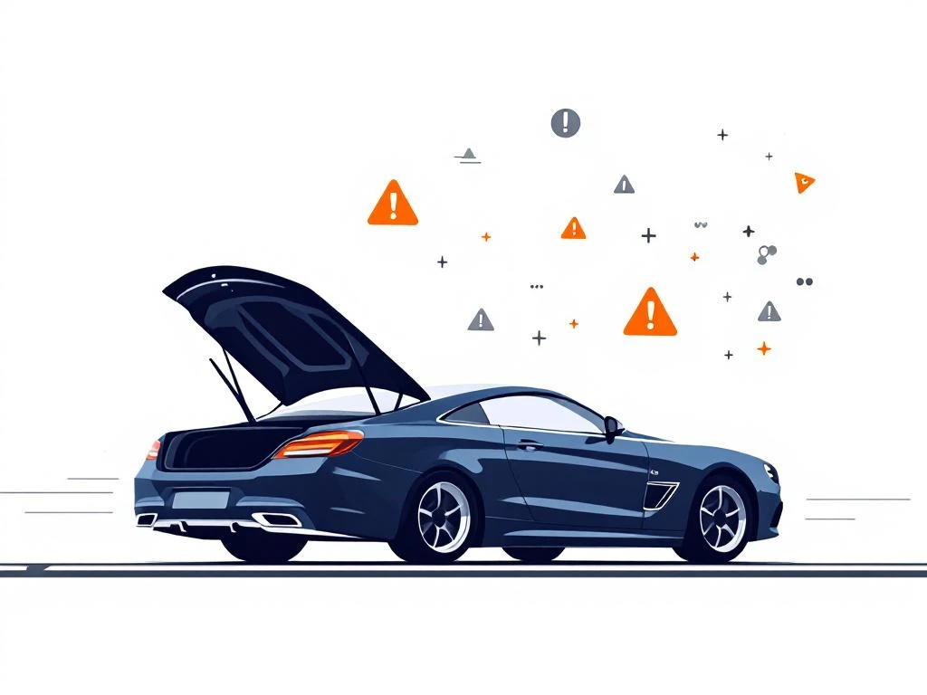 Donkerblauwe zakenauto met open motorkap en oranje waarschuwingssymbolen op witte achtergrond voor autopech service