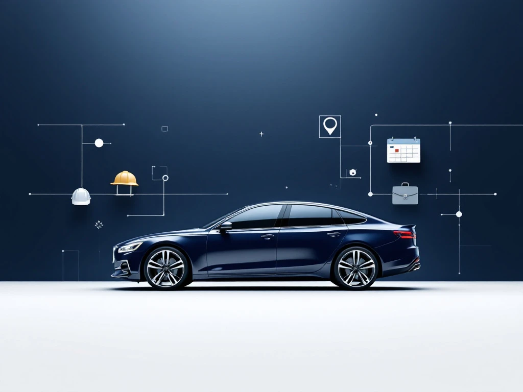 Moderne auto silhouet omringd door geometrische project iconen in navy blauw en wit minimalistisch ontwerp