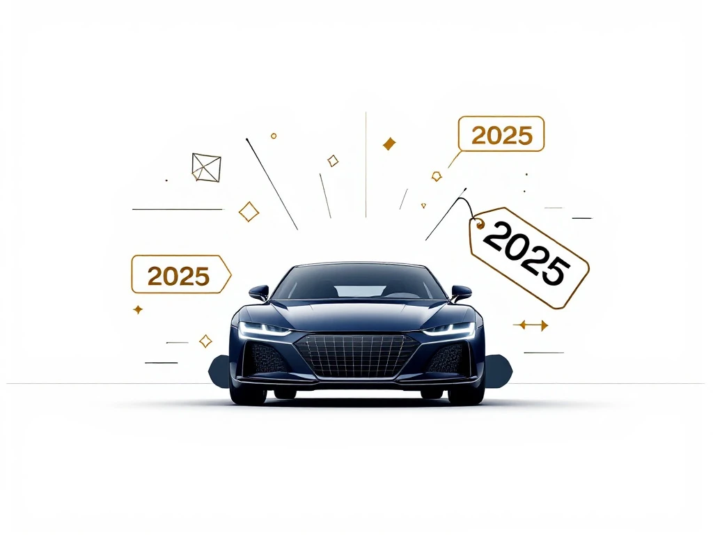 Marineblauwe auto silhouet met gouden prijslabels en 2025 tekst op witte achtergrond voor autoverhuur
