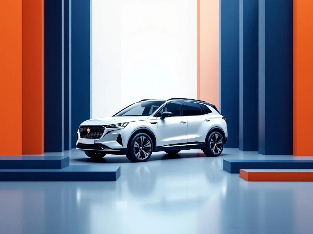 Witte moderne auto onder dynamische hoek met geometrische vormen op blauwe gradiënt achtergrond voor autoverhuur