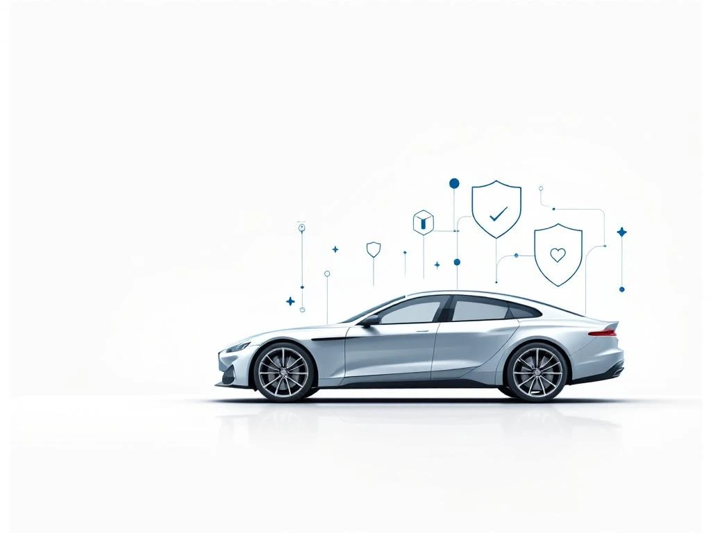 Grijze auto silhouet met blauwe verzekeringsschilden en geometrische vormen op witte achtergrond