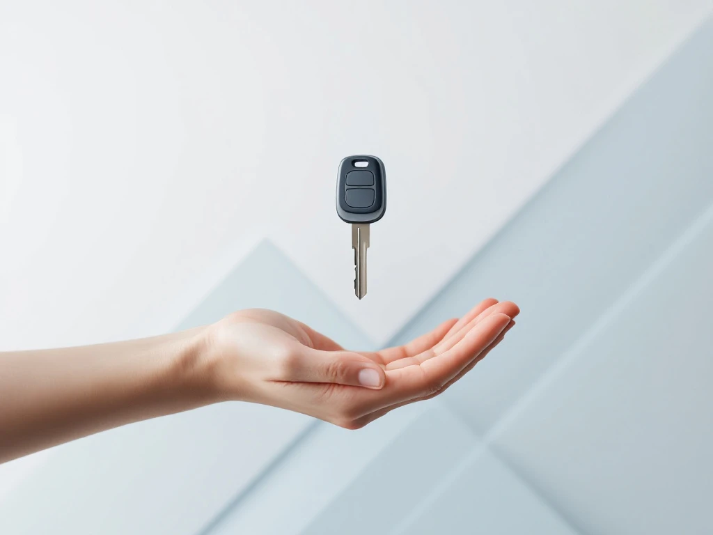Moderne autosleutel zwevend boven open hand tegen witte achtergrond met blauwe geometrische lijnen voor autoverhuur