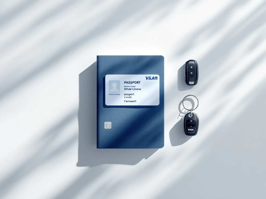 Autoverhuur documenten: rijbewijs, paspoort en creditcard netjes gerangschikt met Van Gent autosleutel op witte ondergrond