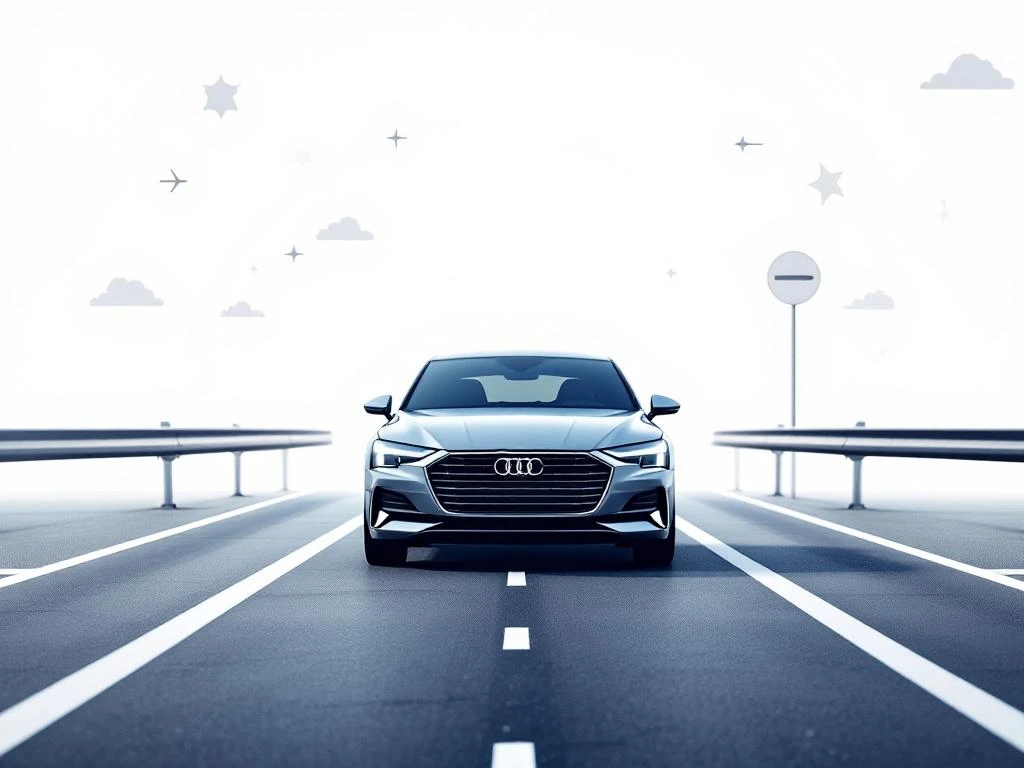 Moderne huurauto bij Europese grensovergang met wegmarkeringen en landgrens borden, blauwe en grijze kleuren