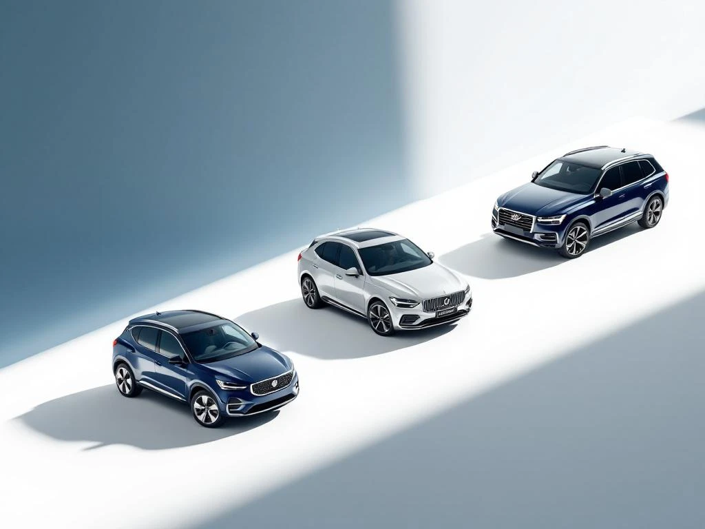 Drie huurauto's in diagonale opstelling: compacte stadswagen, sedan en SUV in navy, zilver en grijs op witte achtergrond