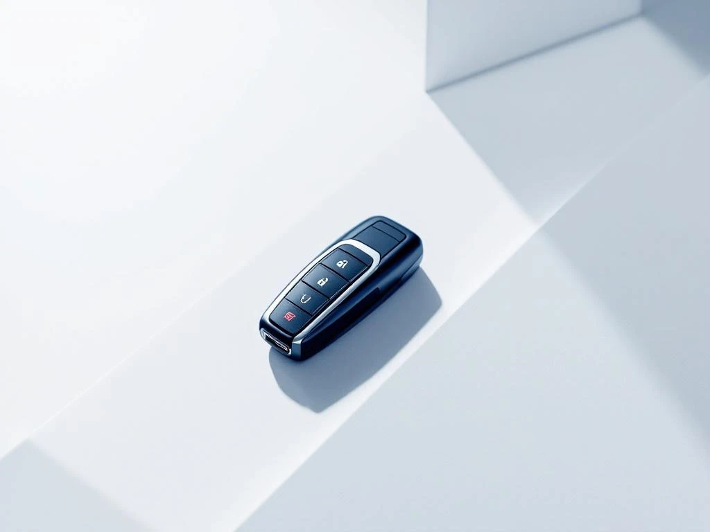 Moderne autosleutel op witte ondergrond met contractdocumenten, navy blauw en zilver accenten, professionele setting