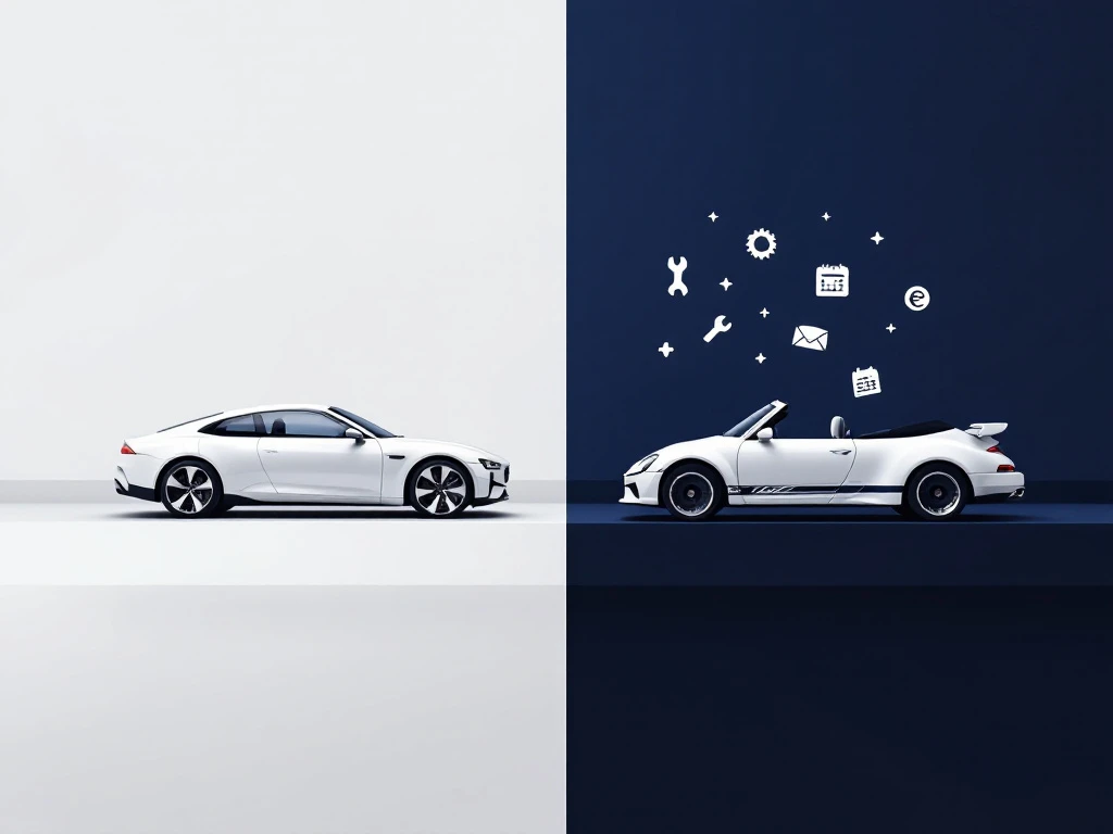 Witte huurauto tegenover persoonlijke auto met onderhoudskosten symbolen, vergelijking autoverhuur versus eigendom