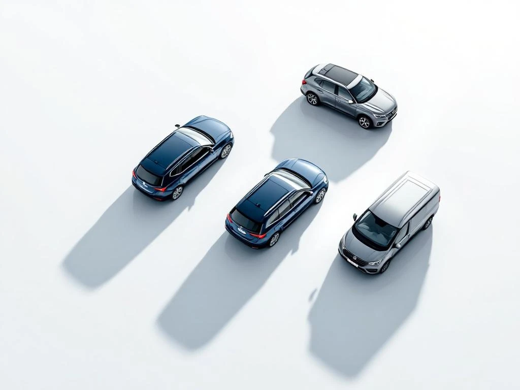 Verschillende huurauto's in geometrische formatie: compacte auto's, SUV's en busjes in blauw, grijs en zilver tinten