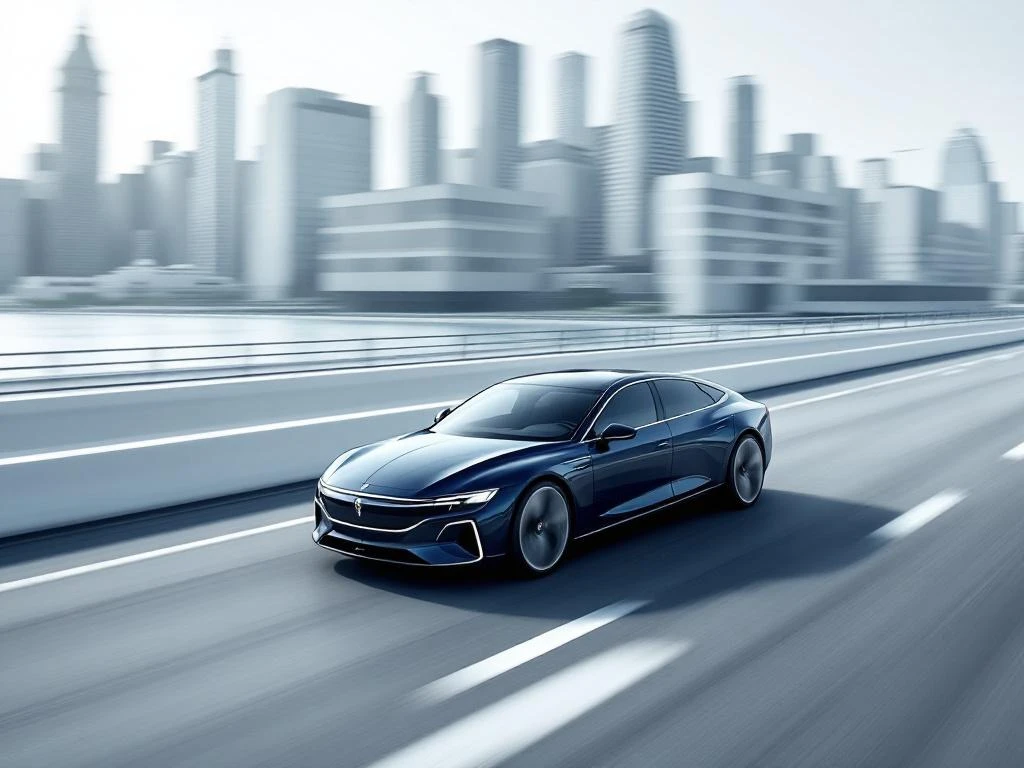 Moderne zakenauto in beweging op snelweg met motion blur, navy blauw en zilver kleurenschema, minimalistische stijl