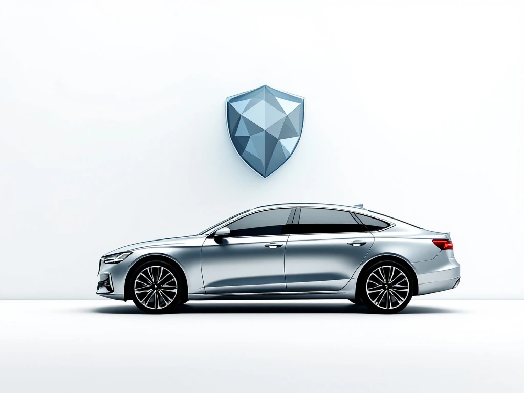 Zilveren zakenauto met blauw schild symbool voor autoverzekering op witte achtergrond