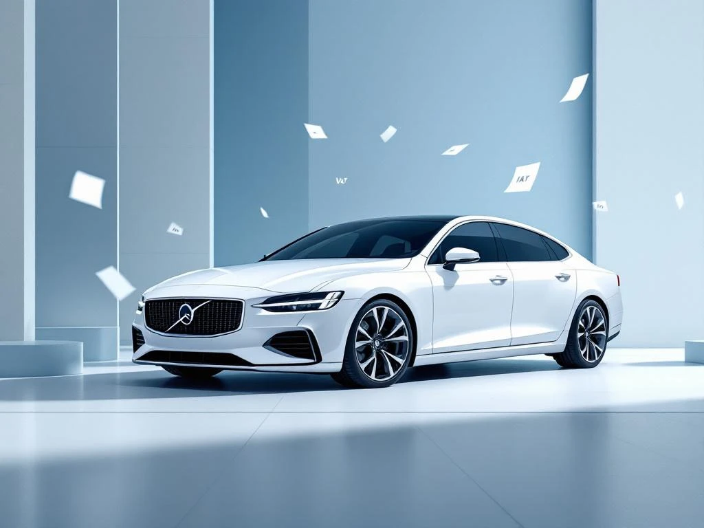 Witte zakenauto onder dynamische hoek met blauwe gradiënten en zwevende financiële symbolen op geometrische achtergrond