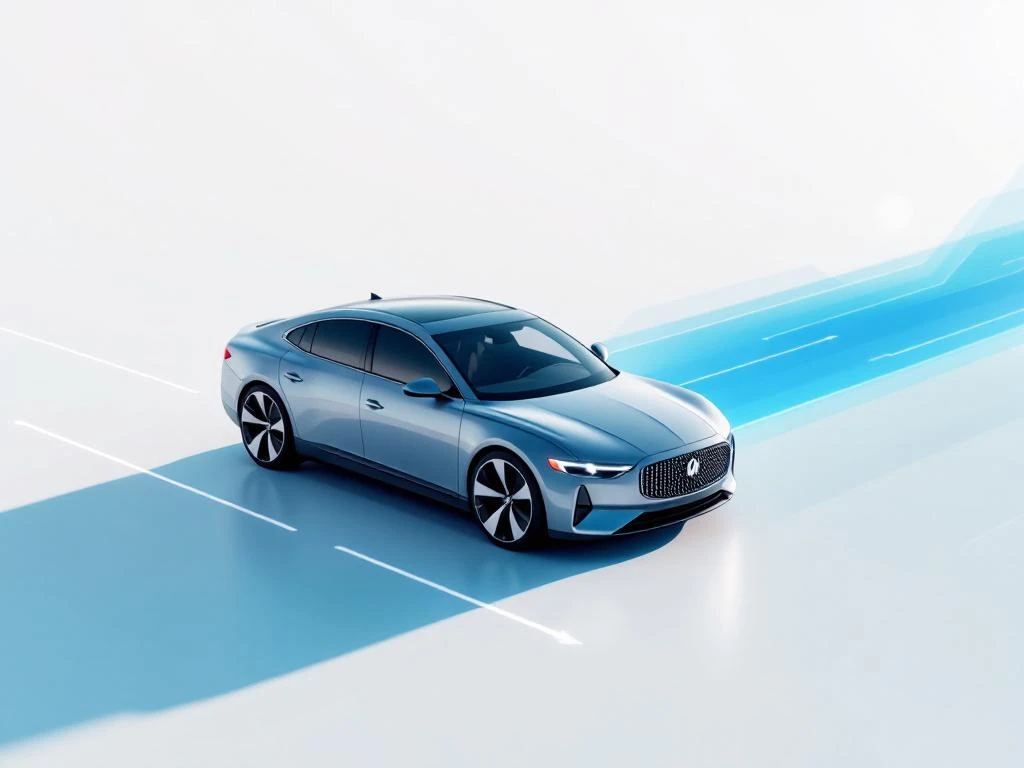 Zakelijke auto onder 45-graden hoek met blauwe routelijnen en klokken die snelle bezorgservice symboliseren