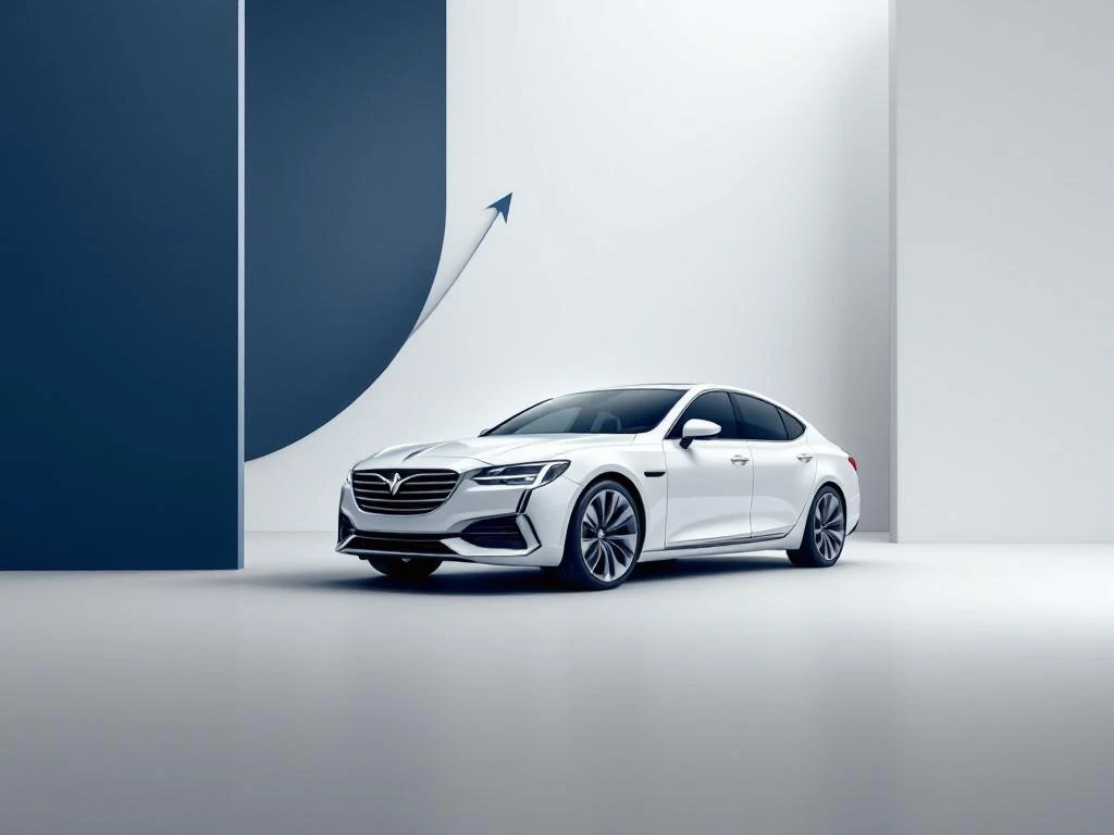 Witte zakenauto onder dynamische hoek met blauwe geometrische vormen en opwaartse pijl op gradiënt achtergrond