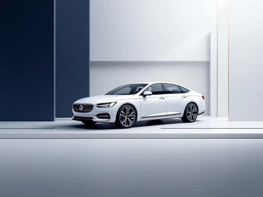 Witte zakelijke sedan onder professionele verlichting tegen marineblauw-grijze achtergrond met geometrische elementen