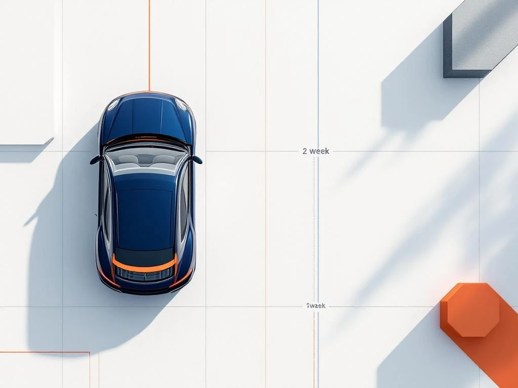 Donkerblauwe auto van bovenaf op wit raster met oranje tijdlijnmarkeringen en geometrische vormen