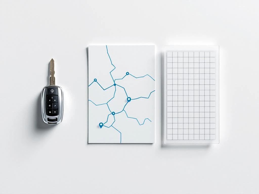 Bovenaanzicht van autosleutel, routekaart met blauwe lijnen en budgetberekening op witte achtergrond