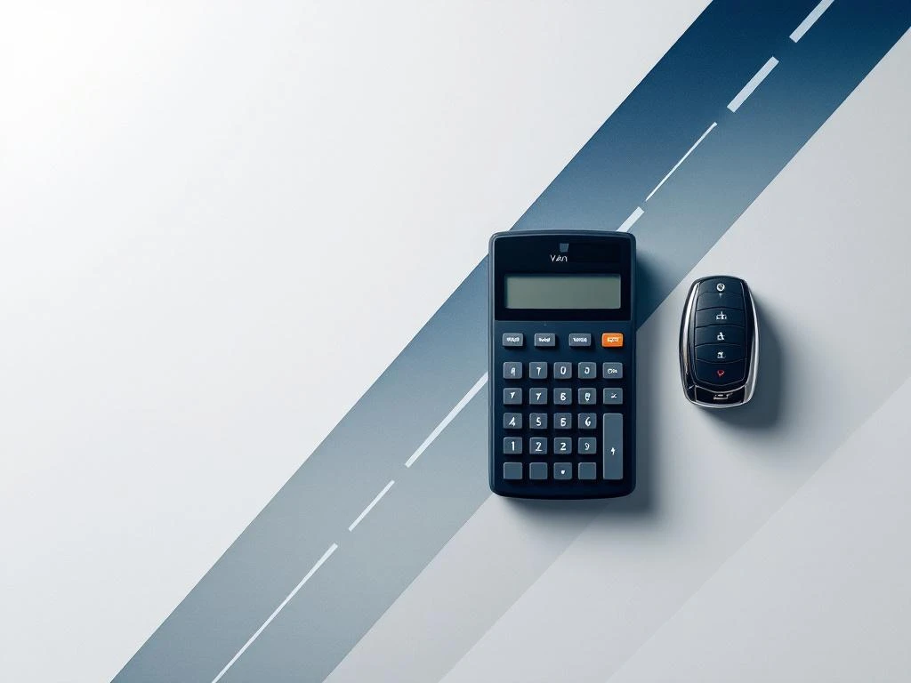 Rekenmachine en autosleutel op wit oppervlak met blauwe geometrische lijnen en weggrafiek voor financiële mobiliteit