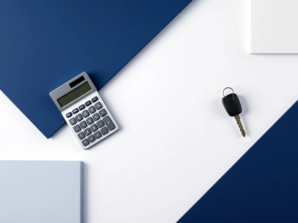 Rekenmachine en autosleutel op wit oppervlak met blauwe geometrische blokken en weglijn voor financiële besluitvorming