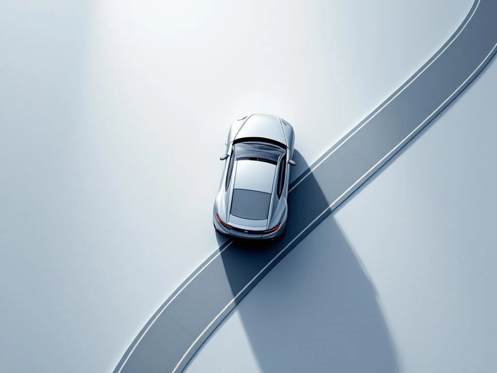 Zilveren auto van bovenaf op wit oppervlak met kalenderraster en blauwe weglijn, minimalistische compositie