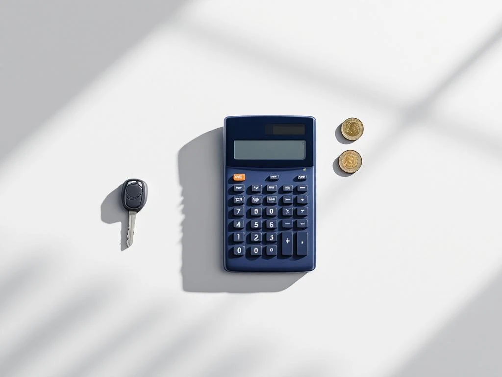 Rekenmachine met autosleutel en euromunten op wit oppervlak, symboliseert maandelijkse autokosten en budgettering