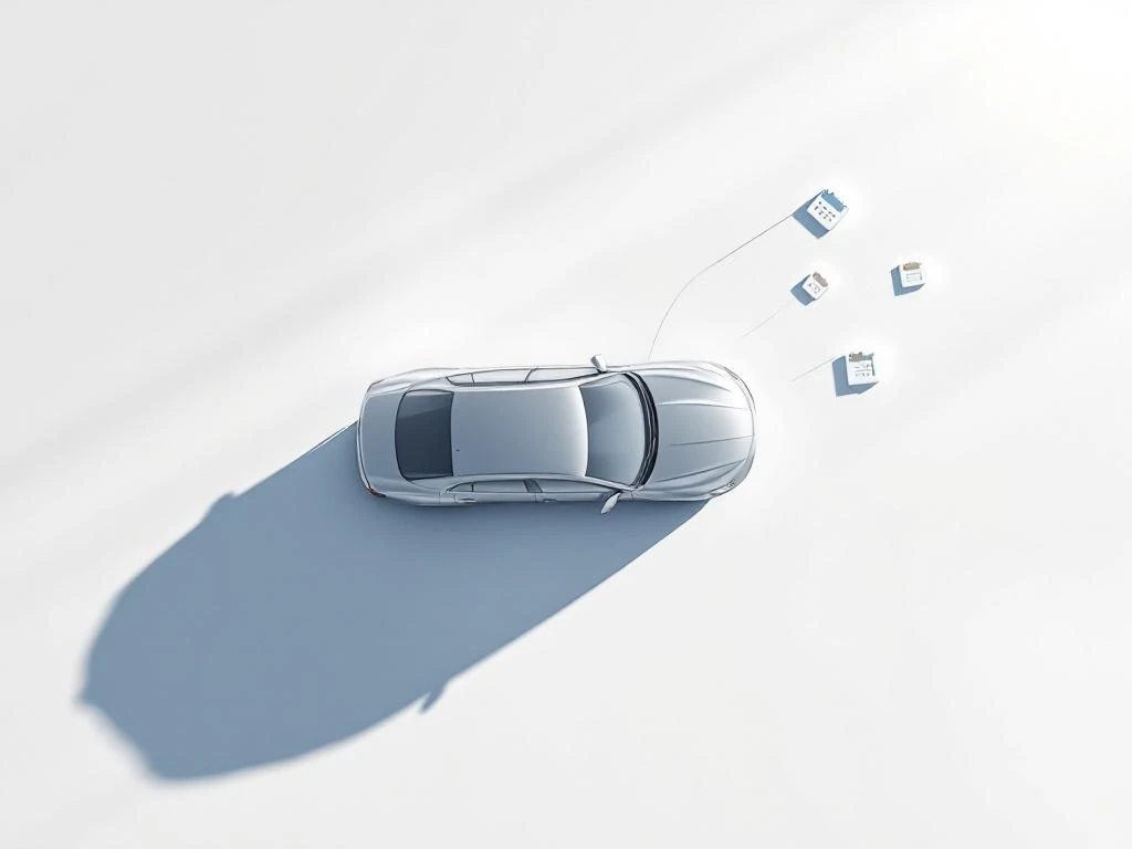 Zilveren sedan van bovenaf met drie kalender iconen in driehoeksvorm, concept voor langetermijn autoverhuur