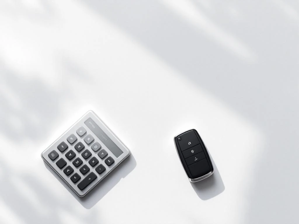 Rekenmachine, eurobankbiljetten en autosleutel op wit oppervlak voor mobiliteitsbudget berekening