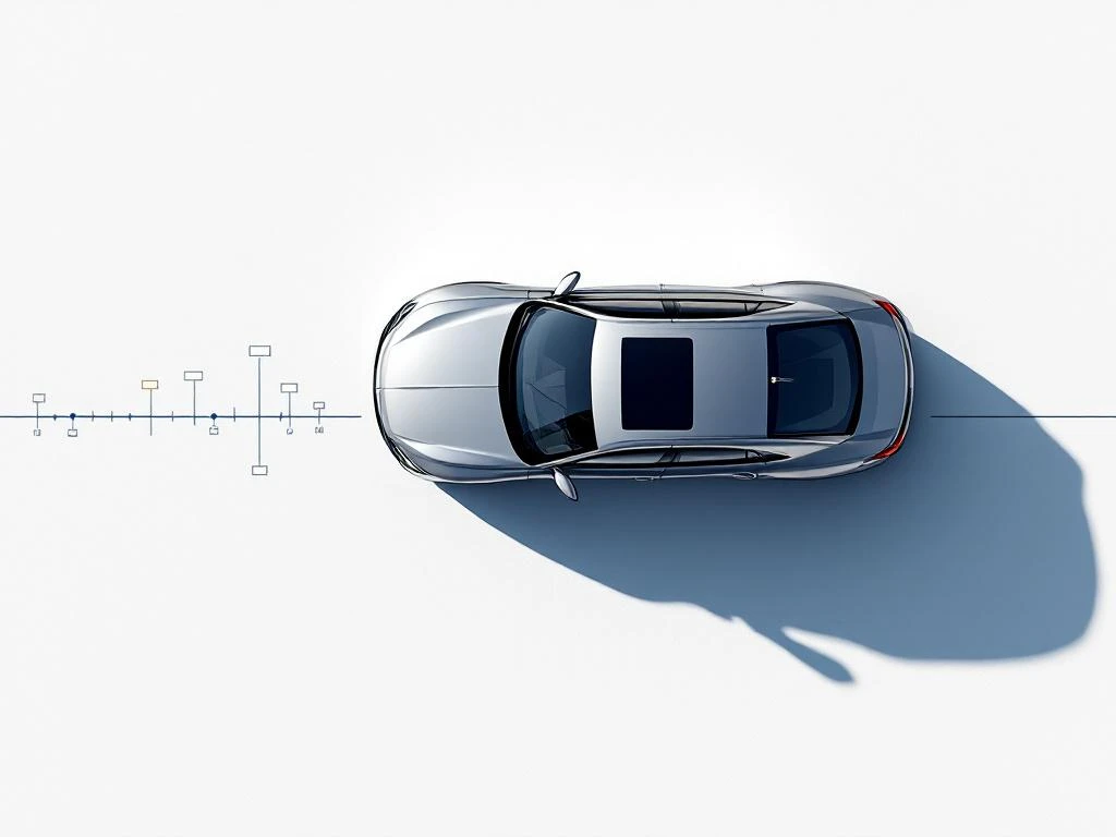 Zilveren auto van bovenaf met gebogen tijdlijn en geometrische knooppunten op witte achtergrond met blauwe accenten