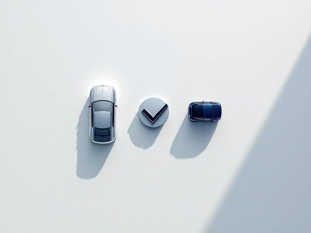 Autosleutel, vinkje en voertuigsilhouet in zilver en marineblauw op witte achtergrond, diagonaal gerangschikt