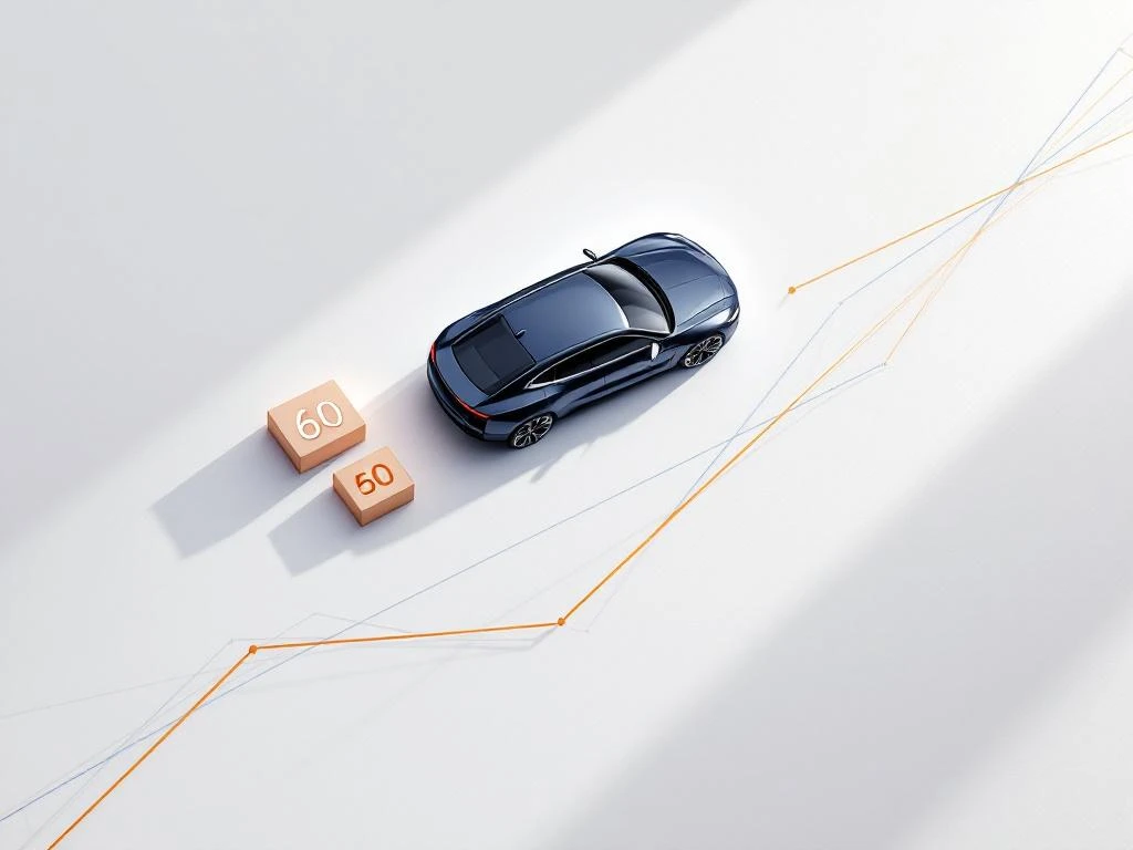 Moderne donkerblauwe auto van bovenaf met kalenderblok "60" op witte achtergrond met geometrische oranje lijnen