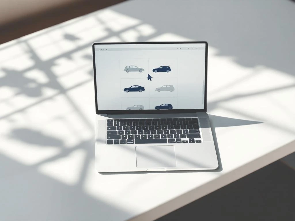 Laptop met digitaal raster van autosilhouetten en aanwijzerpictogram voor online zoeken naar auto's