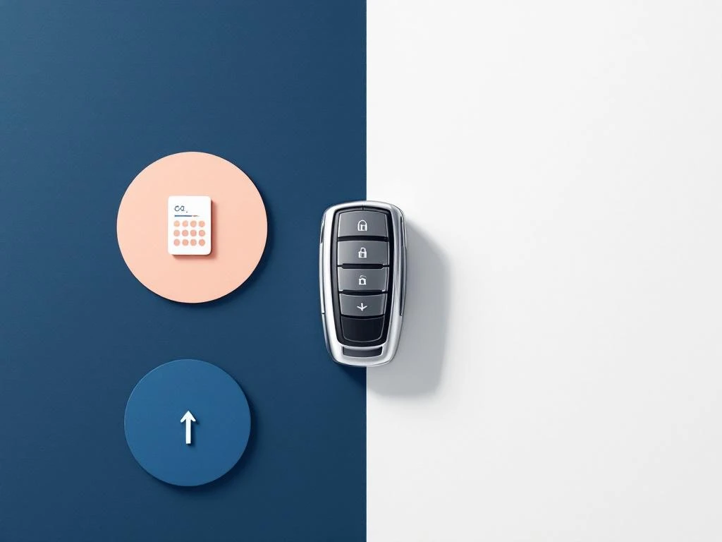 Zilveren autosleutel op witte achtergrond met blauwe rekenmachine-icoon en oranje trendpijl