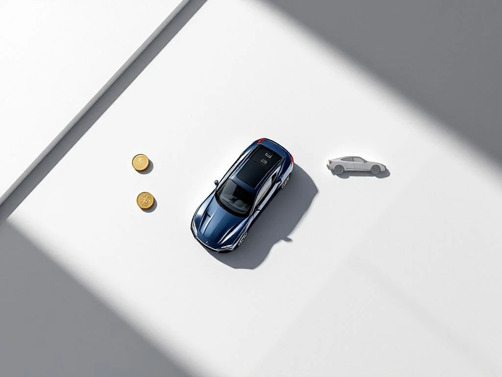 Luxe autosleutel op witte ondergrond met gouden munten en auto-silhouet, symboliseert financiële keuze tussen sparen en uitgeven.