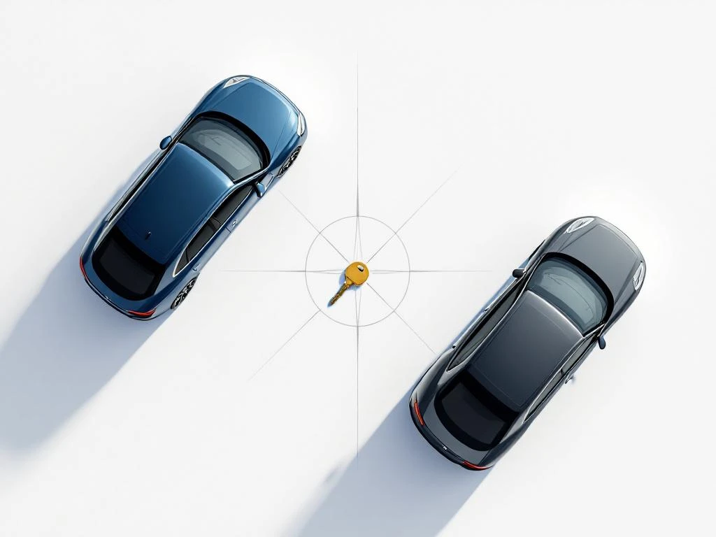 Drie huurauto's in driehoekformatie met gouden sleutel in het midden op witte achtergrond