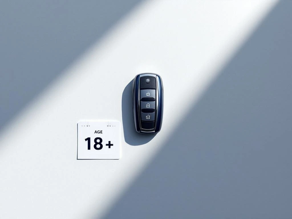 Autosleutel naast zandloper en kalender met 18+ symbool op witte achtergrond, minimalistisch arrangement voor autoverhuur