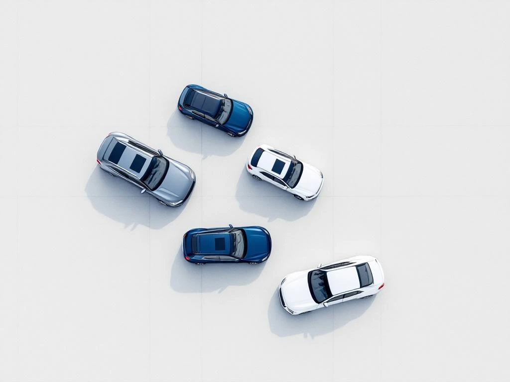 Vijf huurauto's in geometrisch patroon vanuit vogelperspectief op wit beton, professionele vlootweergave