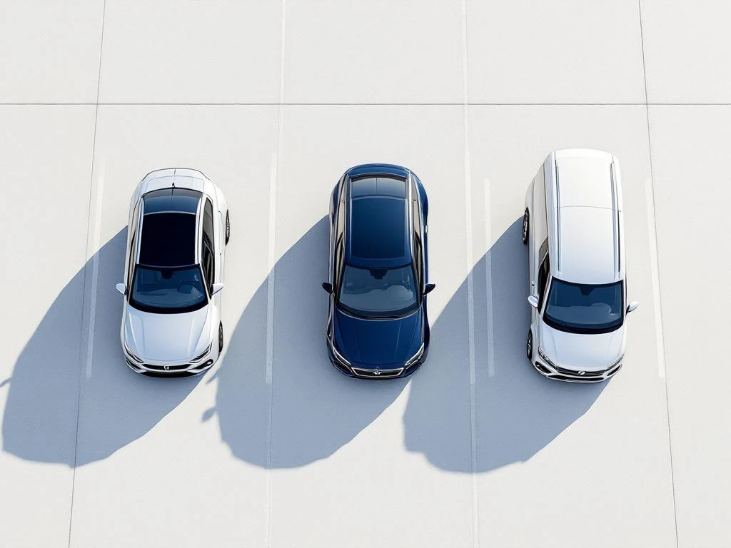 Drie huurauto's van bovenaf: compacte stadsauto, sedan en bestelbus op witte parkeerplaats met schaduw