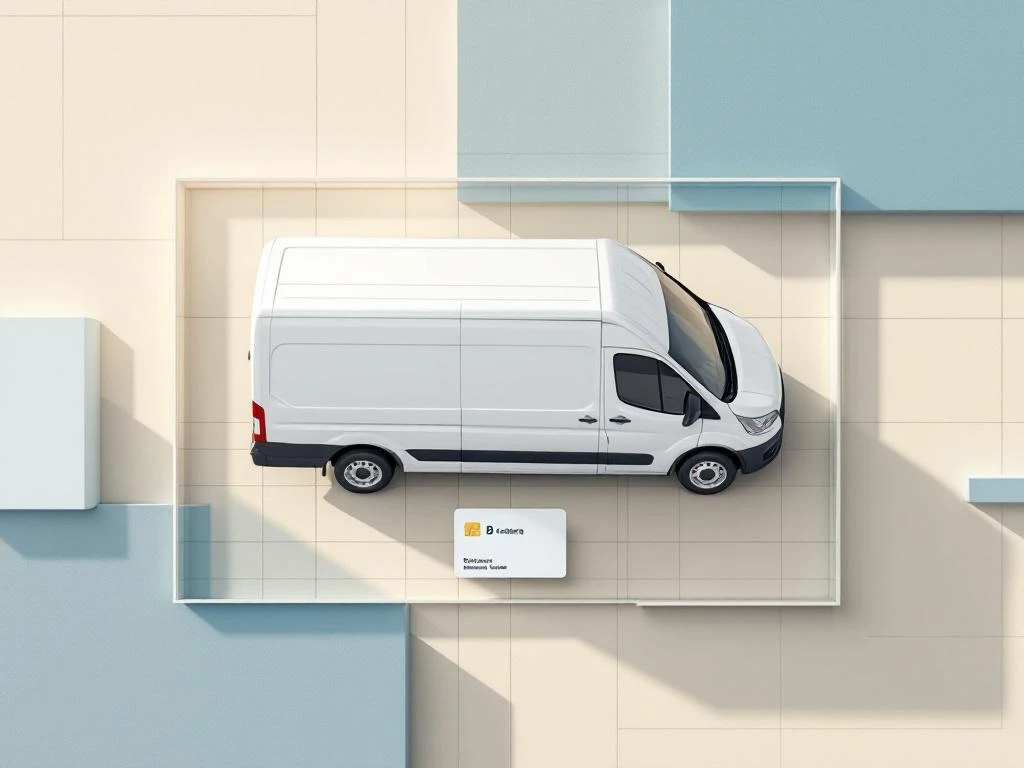 Witte bestelwagen en B-rijbewijs van bovenaf gefotografeerd op geometrische achtergrond met schaduweffect