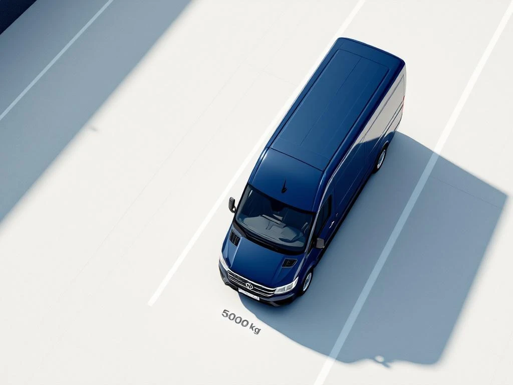 Marineblauw bedrijfsvoertuig van bovenaf gefotografeerd op wit wegdek met 5000 kg gewichtsmarkering