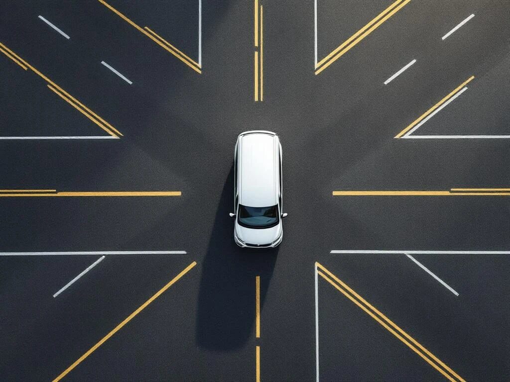 Witte bedrijfsbus van bovenaf op asfalt met geometrische wegmarkering en gele lijnen